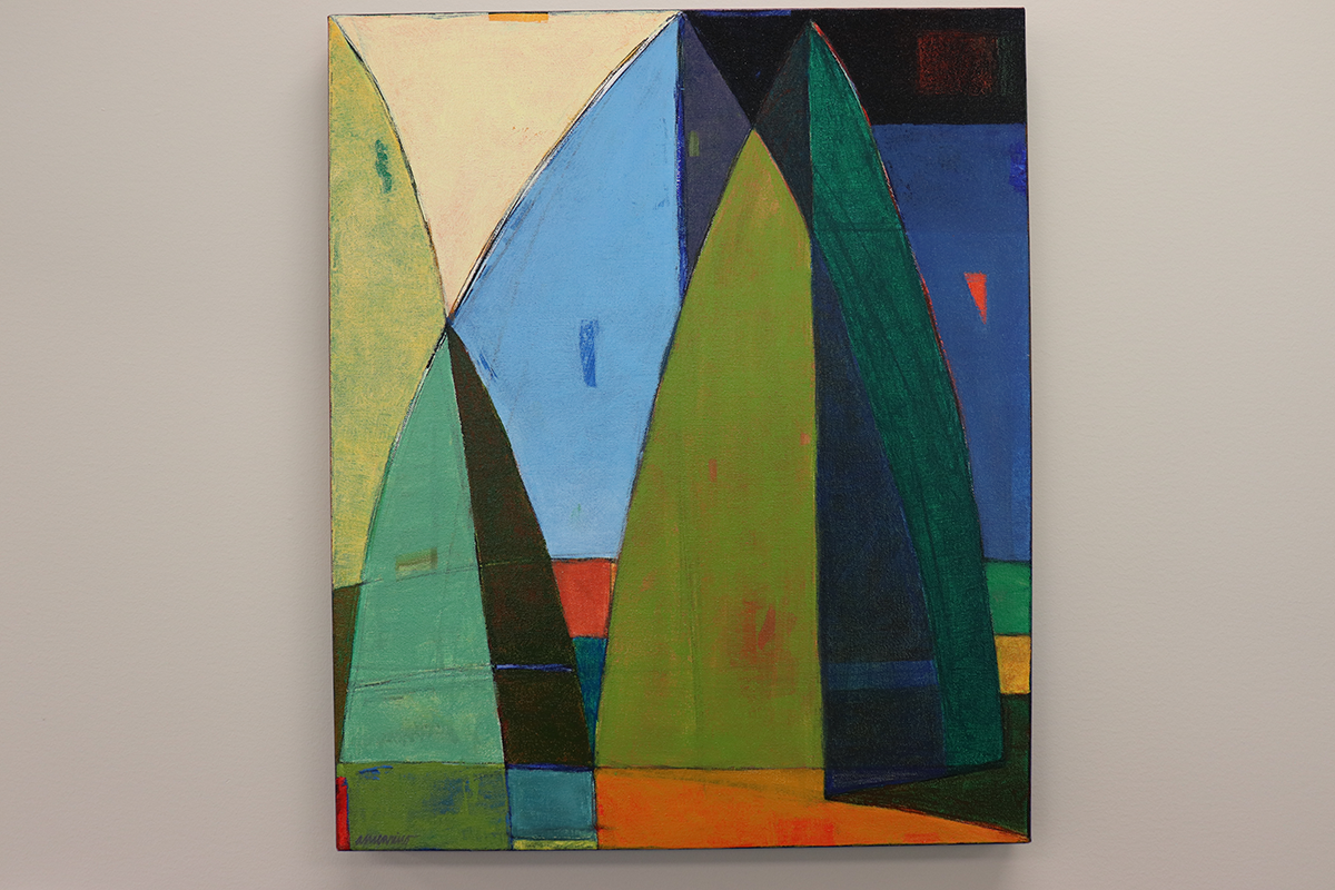 Change of Direction art piece showing various shapes of green and blue with hints of orange and yellow