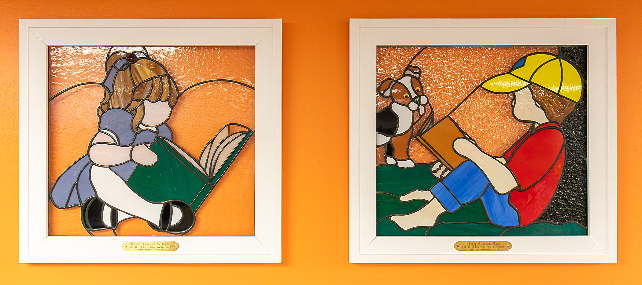 His Blue Buddy  painting depicting girl reading and boy sitting with dog