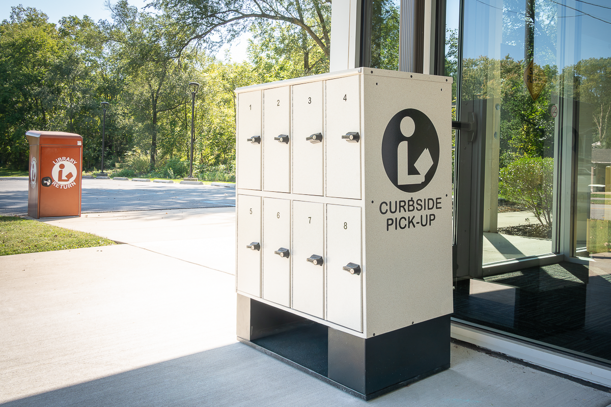 Outdoor lockers near the entrance at the Hanna Branch.