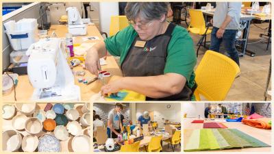 A 4-photo collage of the LPCPL Exchange Makerspace. In the top photo, a volunteer uses the embroidery machine. From left to right: rope bowls, students making squirrel houses, and an instructor working with a student at a felt pouch class.
