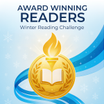 Award Winning Readers Winter Reading Challenge with a layered, blue sash behind a gold medal with a book and the Olympic torch in the middle.