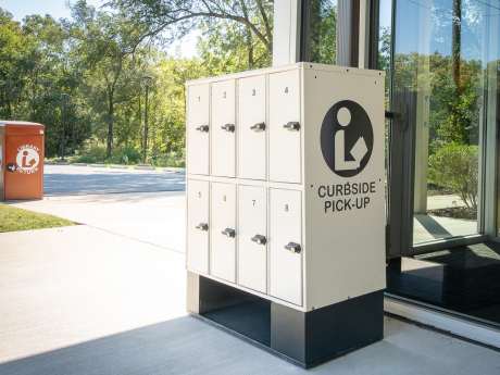 Outdoor lockers near the entrance at the Hanna Branch.