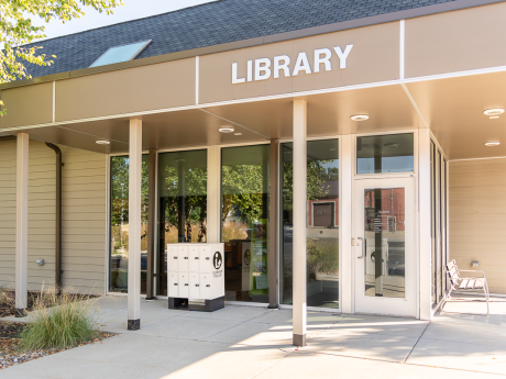 Outdoor lockers near the entrance of the Rolling Prairie Branch.