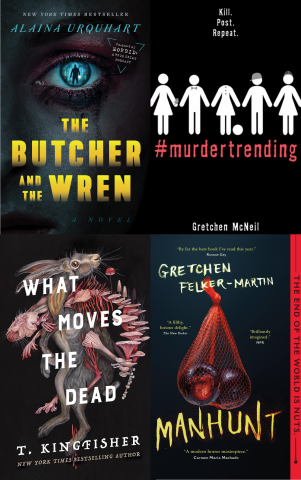 Graphic of four book covers, The Butcher and the Wren, #murdertrending, What moves the Dead, and Manhunt