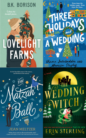 Graphic of four book clovers, Lovelight Farms, Three Holidays and a Wedding, The Matzah Ball, and The Wedding Witch