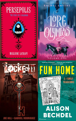 Graphic of four book covers. Persepolis, Lore Olympics, Locke & Key, and Fun Home
