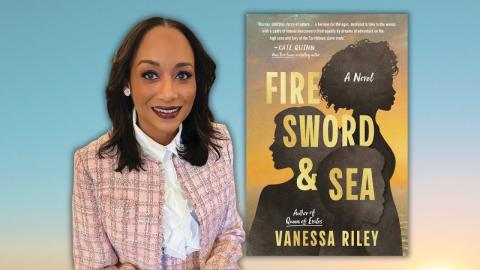 Blue gradient background with author Vanessa Riley next to a cover of her newest book, "Fire Sword and Sea."