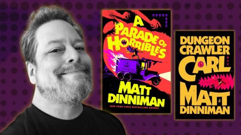 A grayscale photo of author Matt Dinniman is next to digital copies of his book covers, "A Parade of Horribles" and "Dungeon Crawler Carl."